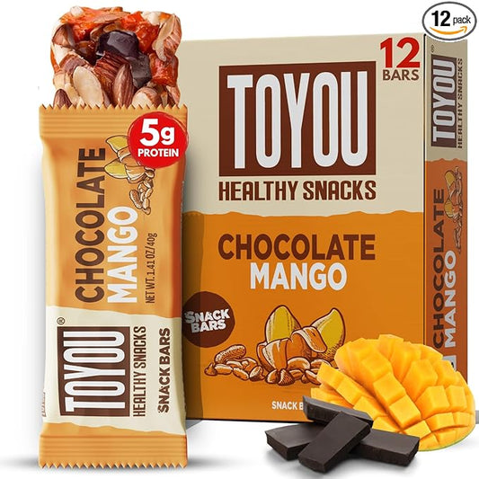 ToYou Gluten Free Chewy Fruit and Nut Bars - Healthy Protein Snacks | Chocolate Mango - 1.41 Ounce (Pack of 12) | Soft Chewy, Fiber-Packed Granola Bars for Adults and Kids, Made with Natural Ingredients