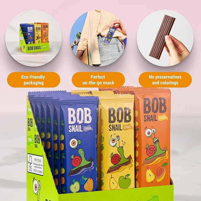 BOB SNAIL Healthy Fruit Snacks for Kids and Adults – 30 Fruit Leather Snacks with Pear & Apple, Blueberry, Mango – Vegan Low-Carb Variety Pack Strips for Kids – Sugar Free Jerky Bars