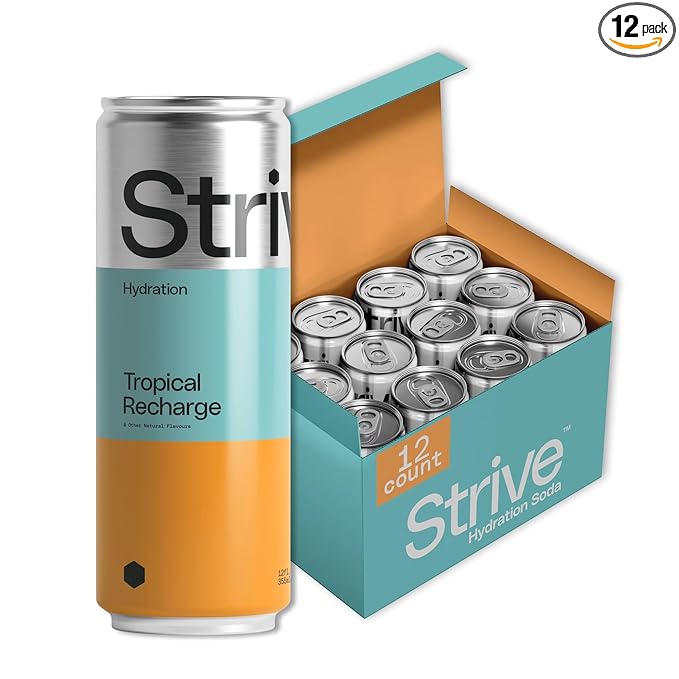 Strive Soda Tropical Recharge - Sparkling Hydration Soda with Electrolytes & Organic Honey - Passionfruit Coconut Naturally Sweetened Drink - No Artificial Sweeteners or Preservatives - 12 Pack Cans