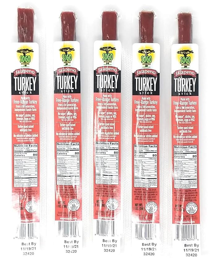 Jalapeño Turkey, Sogo Snacks, No Sugar, 100% Free-Range, Non-GMO Turkey Sticks. No Added Nitrates, Gluten, Soy, MSG, Dairy, Nuts. Keto, Paleo Friendly (Turkey Jalapeño, 1-oz, 12 Cnt)