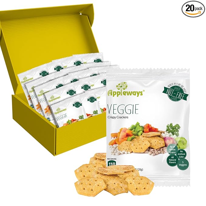Appleways Vegetable Crackers, Pack of 20 (1 oz Each), Crispy Whole Grain and Multigrain Wheat Snack Crackers Healthy with No Preservatives, Individually Wrapped for Lunchboxes and On-the-Go Snacking