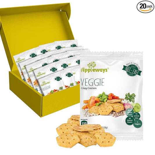 Appleways Vegetable Crackers, Pack of 20 (1 oz Each), Crispy Whole Grain and Multigrain Wheat Snack Crackers Healthy with No Preservatives, Individually Wrapped for Lunchboxes and On-the-Go Snacking