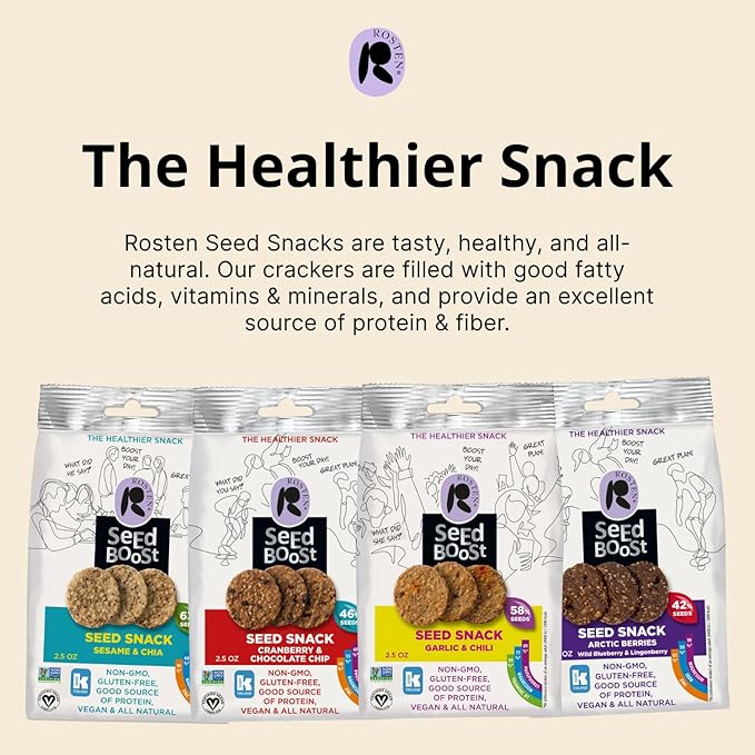 ROSTEN SeedBoost Seed Crackers (16 Pack) Variety Pack - Vegan, Non-GMO, Gluten Free (2.5oz Each)
