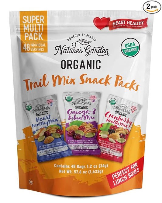 Nature's Garden Organic Trail Mix Snack Packs - Trail Mix Variety, Energy Boosting, Heart Healthy, Omega-3 Rich, Cranberries, Pumpkin Seeds, Individual Packs, Family - 1.2 Oz Bags (48 Individual Servings)