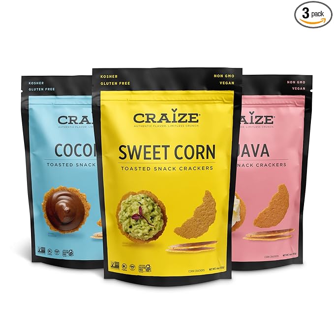 Craize Sweet Flavor Variety Pack | Sweet Corn, Coconut, Guava Crisps | Gluten Free, Vegan, Kosher, Toasted Corn Crackers | 3 pack, 4 oz each