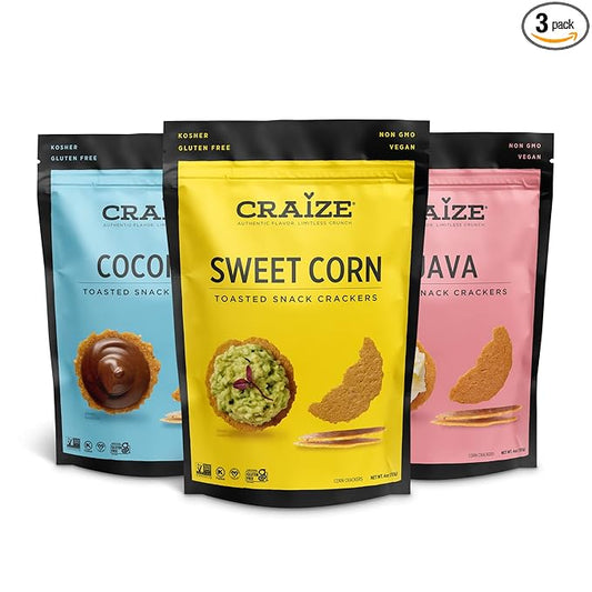 Craize Sweet Flavor Variety Pack | Sweet Corn, Coconut, Guava Crisps | Gluten Free, Vegan, Kosher, Toasted Corn Crackers | 3 pack, 4 oz each