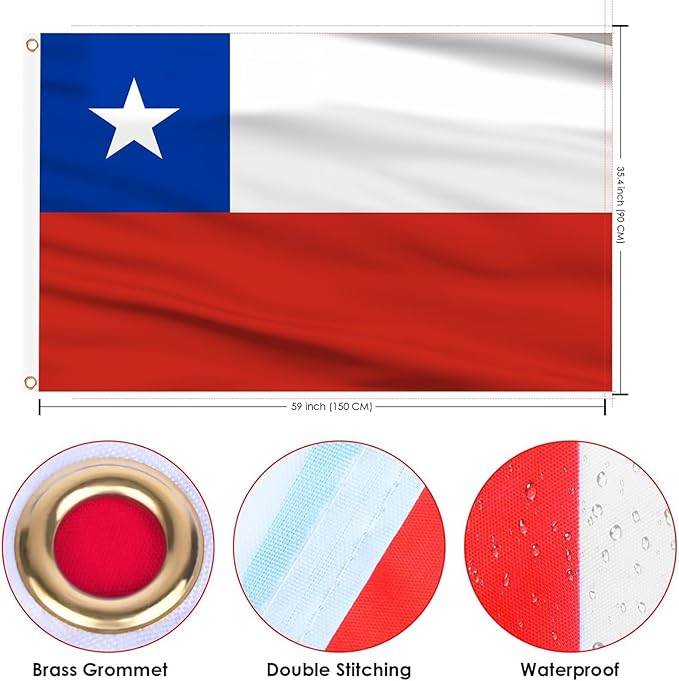 AhfuLife Chile Flag 3x5 Ft, Large Chilean National Flags for Outside - Double Side with Brass Eyelets for Chilean Party Decorations, Soccer Party Bar Garden Decoration Indoor Outdoor