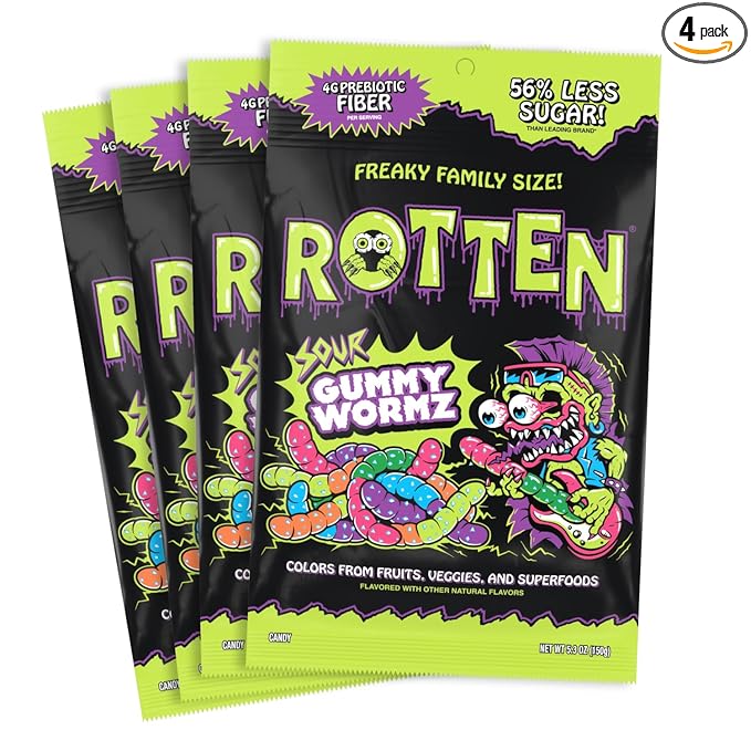 Rotten Sour Gummy Worms - Low Sugar, Low Calorie, 7g Gut-Friendly Prebiotic Fiber and 3g Protein, Gluten Free Candy - 5.3 oz Share Pack [4 Pack]