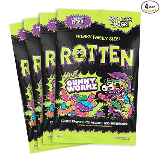 Rotten Sour Gummy Worms - Low Sugar, Low Calorie, 7g Gut-Friendly Prebiotic Fiber and 3g Protein, Gluten Free Candy - 5.3 oz Share Pack [4 Pack]