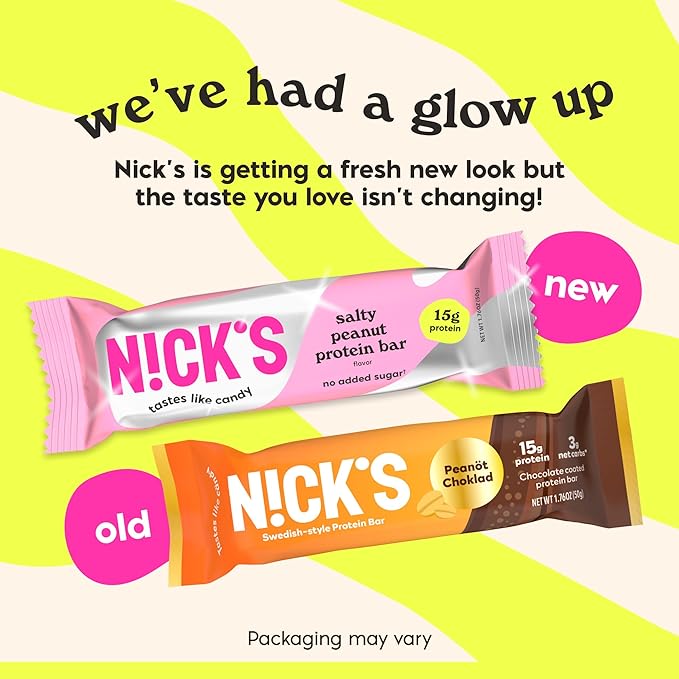 Nick's Protein Bars Variety Pack, Protein-Packed Snack, Low Calories, Low Carb Keto Friendly Snacks No Added Sugar, Salty Peanut, Chocolate Caramel and Almond Chocolate (12 Pack)
