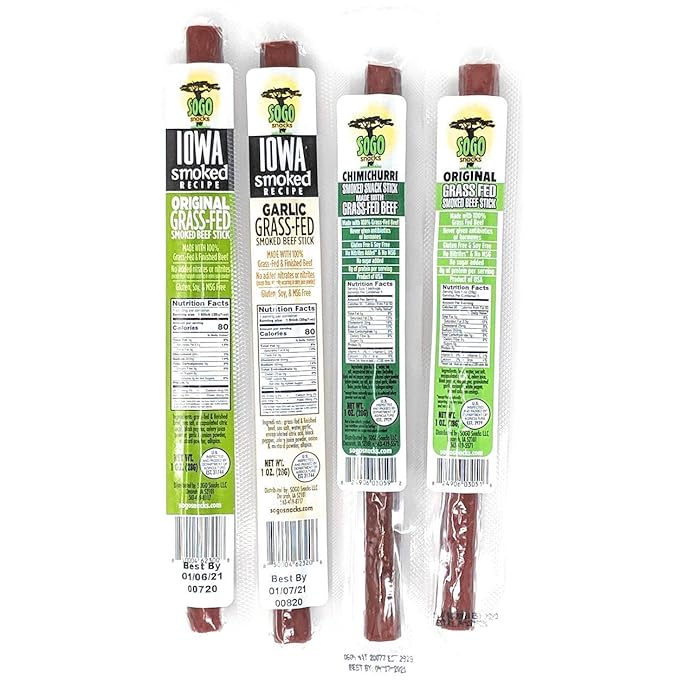 Mild Variety, Sogo Snacks, 4 No Sugar, 100% Grass-fed/finished, Non-GMO, Beef Flavors. No Nitrates, Gluten, Soy, MSG, Dairy, Nuts. Keto Friendly (3 Org-ISR, 3 Garlic-ISR, 3 Org, 3 Chimi, 12-cnt, 1-oz)