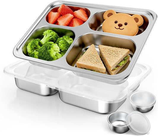 Stainless Steel Divided Plate for Kids Toddler, Non Toxic Portion Control Plate Dinner Plate with Lid for Adults Weight Loss, 2 Pack 4 Sections Rectangular Snack Plate Tray