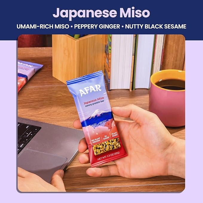 Afar Savory Protein Bars – Low Sugar, High Protein – Healthy Snacks for Adults – Meal Replacement Bar – Rice Crispy Texture – Vegan, Gluten Free (8 Bars, Japanese Miso)