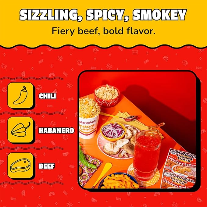 Maruchan Instant Lunch Ramen Noodles, Hot & Spicy Beef Flavor – Japanese-Style Instant Noodle Soup, Quick & Easy Meal – 2.25 Oz Cup, Pack of 12