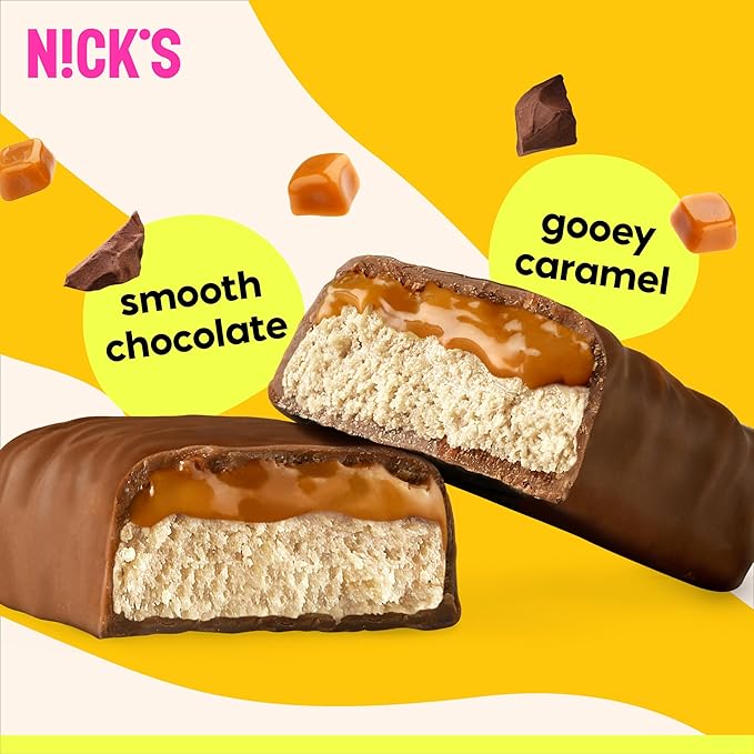 Nick’s Protein Bars Chocolate Caramel – 12-Count Box | Protein-Packed Snack, Low Calories, Low Carbs, Keto Friendly, No Added Sugar (12 bars x 50g)