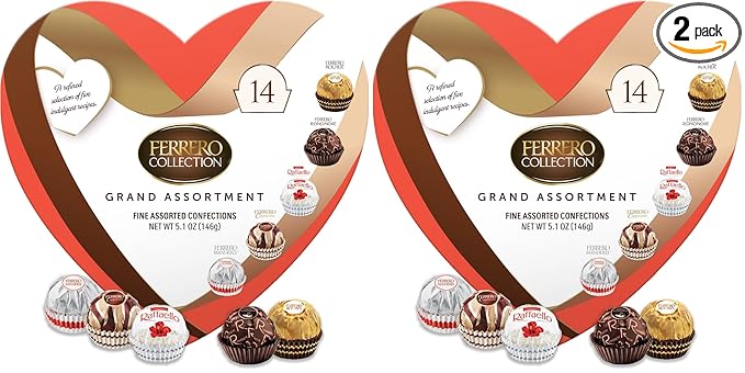 Ferrero Collection Valentine's Heart Gift Box, 14 Assorted Dark, Coconut, Almond, Cappuccino Gift Box, 5.1 oz (Pack of 2)