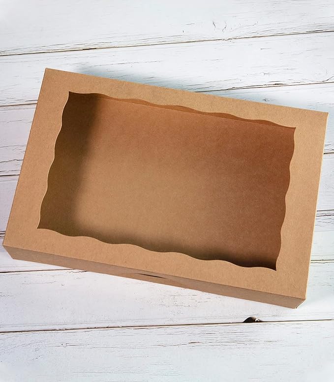 SOROO 15-PACK Pastry Bakery Box 16x11x2.75inch,Brown Large Donuts,Muffins,Cookies Boxes with PVC Window Auto-Pop up Paper Box Nature Cardboard Take Out Container,Hold 12 Donuts,Pack of 15