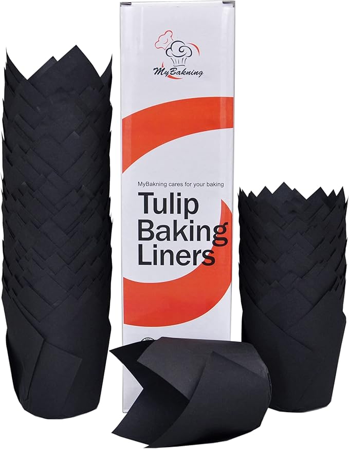 MyBakning Black color Large size Tulip Baking Cups 2-1/4"(Base diameter) x 4"(Wall height) Parchment paper baking cupcake Muffin liners, Case of 130 pcs