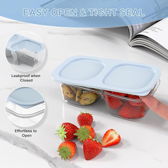 Reusable Snack Containers with Lids for Kids-Light Blue 10 PACK, [UNIQUE DESIGN 2-COMPARTMENT] BPA-Free/Microwave/Dishwasher Safe, Snack Bowls Container for On-the-Go Meals,Camping and Travel