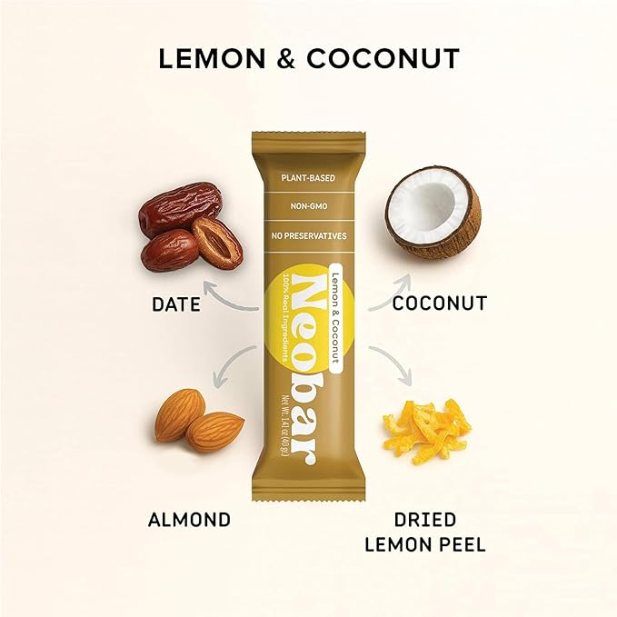 NEOBAR Fruit and Nut Bars - Plant-Based Vegan Snack Bars, Gluten Free Dairy Free Snacks, No Added Sugar, No Preservatives, Non-GMO | Lemon & Coconut,12 Count