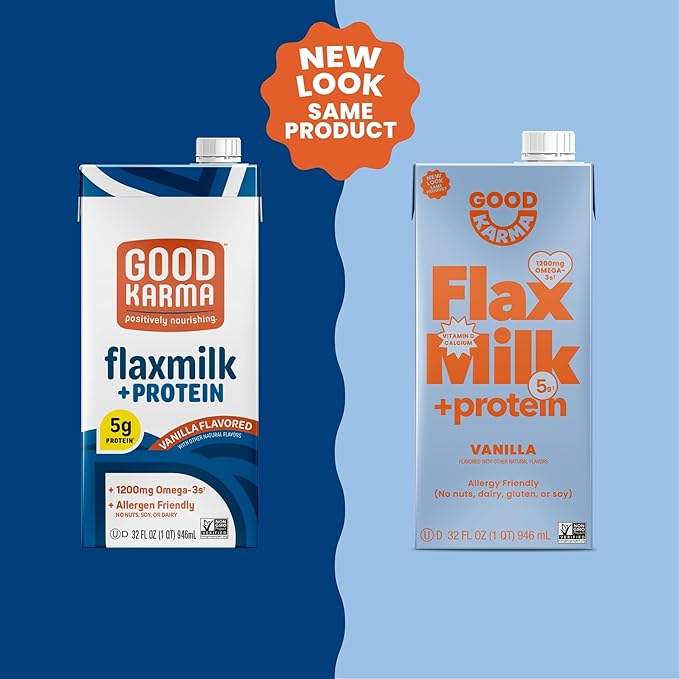 Good Karma Vanilla Flaxmilk +Protein, 32 Ounce (Pack of 6), 5g Plant Protein + 1200mg Omega-3 Per Serving, Plant-Based Non-Dairy Milk Alternative, Lactose Free, Nut Free, Vegan, Shelf Stable