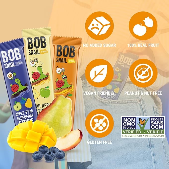 BOB SNAIL Healthy Fruit Snacks for Kids and Adults – 30 Fruit Leather Snacks with Pear & Apple, Blueberry, Mango – Vegan Low-Carb Variety Pack Strips for Kids – Sugar Free Jerky Bars