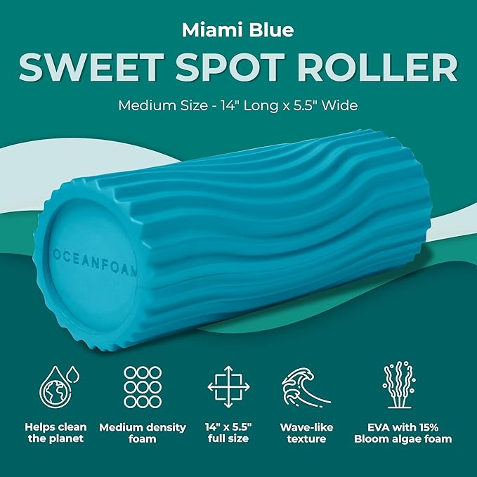 Oceanfoam Sweet Spot Medium Exercise Foam Roller 14"x5.5" – Medium Density Foam Roller for Physical Therapy, Deep Tissue Massage, Yoga, Pilates, Classic Exclusive Wave Texture (Miami Blue)