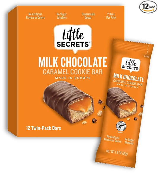 Little Secrets Milk Chocolate Caramel Cookie Bars | 12 Twin Packs | Made in Europe | Nothing Artificial & No Sugar Alcohols | Sustainable Cocoa | 1.8 Ounce, Pack of 12