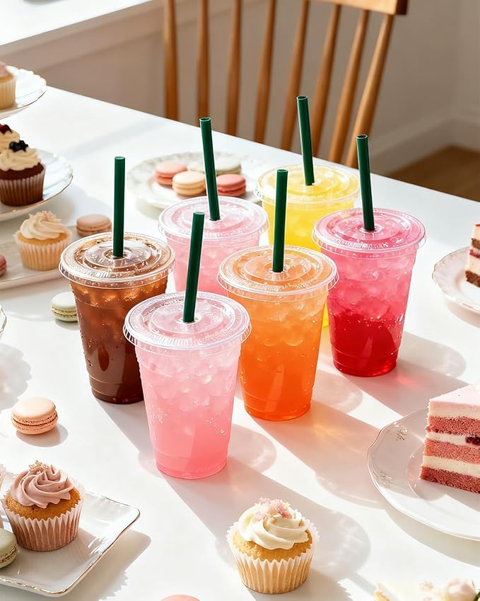 Goodluck 100 Pack 20oz Plastic Cups with Lids and Green Straws, Clear Disposable Iced Coffee Cups, Food Safe Cold Drink Cups for Bubble Tea, Smoothies & Shakes, BPA Free