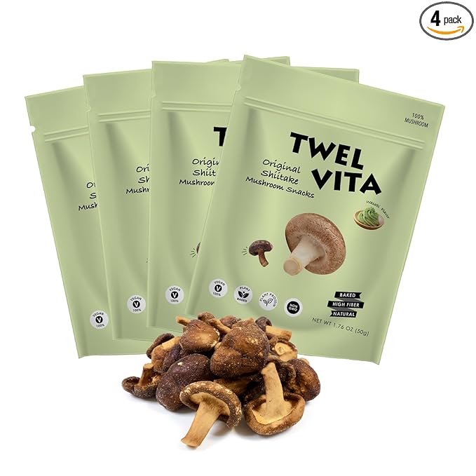 TWEL VITA Natural Wasabi Shiitake Mushroom Crisps, Pack of 4 (1.76 oz Each) | Vegan, Plant-Based, Clean Label, Non-GMO, Gluten-Free, Paleo, Keto, Low Carb Savory Snack | Crunchy Okra Chips Variety