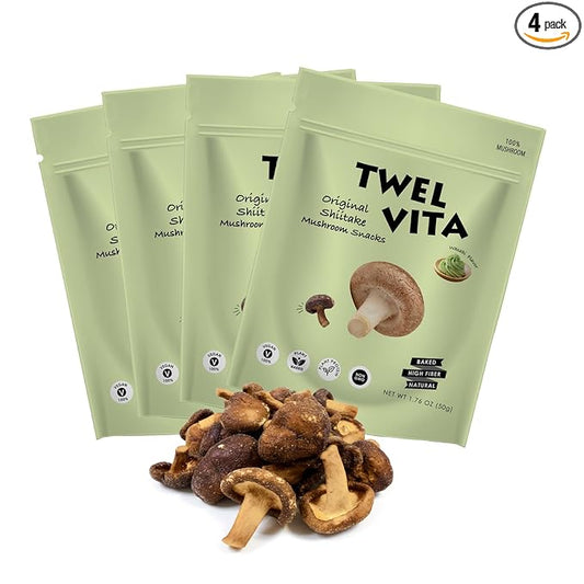 TWEL VITA Natural Wasabi Shiitake Mushroom Crisps, Pack of 4 (1.76 oz Each) | Vegan, Plant-Based, Clean Label, Non-GMO, Gluten-Free, Paleo, Keto, Low Carb Savory Snack | Crunchy Okra Chips Variety