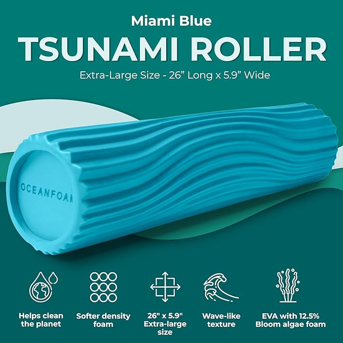 Oceanfoam Tsunami Roller (Miami Blue) - Extra-Large, 26" x 5.9" - Soft, Textured Foam Roller for Physical Therapy, Back Pain, Exercise & Stretching - Wave Textured - Yoga, Athletics, & Wellness