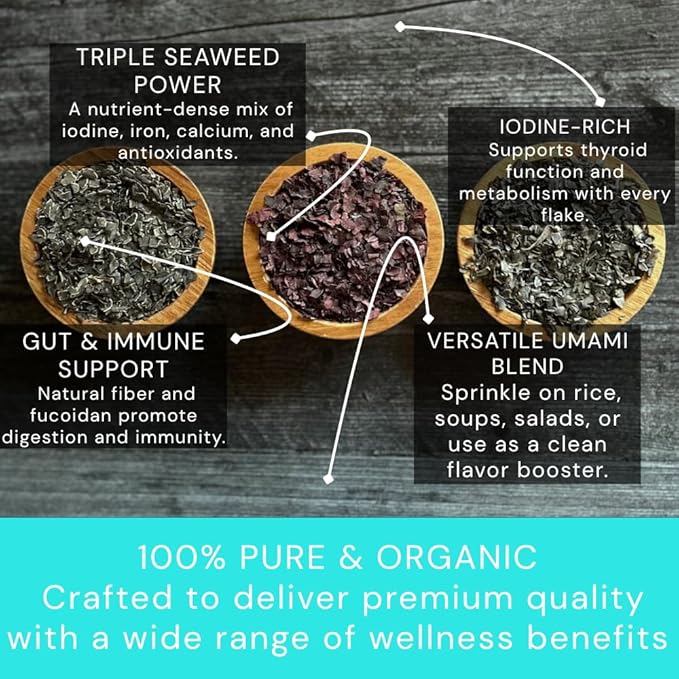 Ocean's Balance Organic Flakes Seaweed Combo Pack (4 Oz Pouch Dulse +4 oz of Wakame + Kombu) - Maine Coast Seaweed - Perfect for Keto, Paleo, Vegetarian and Vegan Diets - Atlantic Coast Sea Vegetables