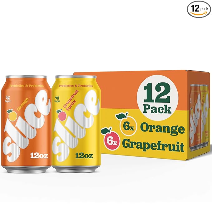 Slice Healthy Soda, Orange & Grapefruit Variety Pack, Prebiotic & Probiotic Soda Pop, 5g Fiber, 35-40 calories, 12 fl oz 12 Pack (6 of each flavor)