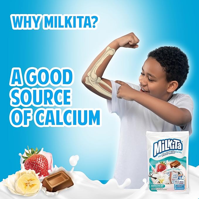 Milkita The Real Milk Candy Lollipop Bag – Low-Sugar, Healthy Sweets with Real Milk for Kids & Adults – Fat Free & Gluten Free Candy with Calcium (Strawberry, Chocolate, Banana - 10 Pcs)