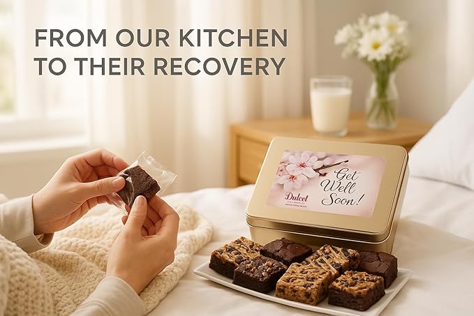 Get Well Soon Gift Basket - 18 Individually Wrapped Brownies Freshly Baked in a Variety of Flavors - Dulcet's Signature Flavored Fudge Brownies - Gift Box Comes with Get Well Card