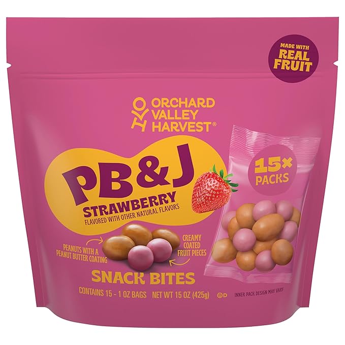 Orchard Valley Harvest Peanut Butter Covered Peanuts & Strawberry Flavored Creamy Coated Fruit Snack Bites, 1oz Bags (Pack of 15), Made with Real Fruit, Perfect On-The-Go Snack