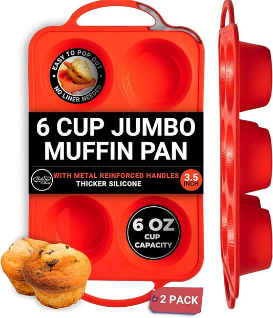 BAKE BOSS 2 PACK - Jumbo Muffin Pan, 3.5" Large Muffin Pan 6 Cup - Silicone Jumbo Muffin Tin for Baking BPA Free Non Stick - RED
