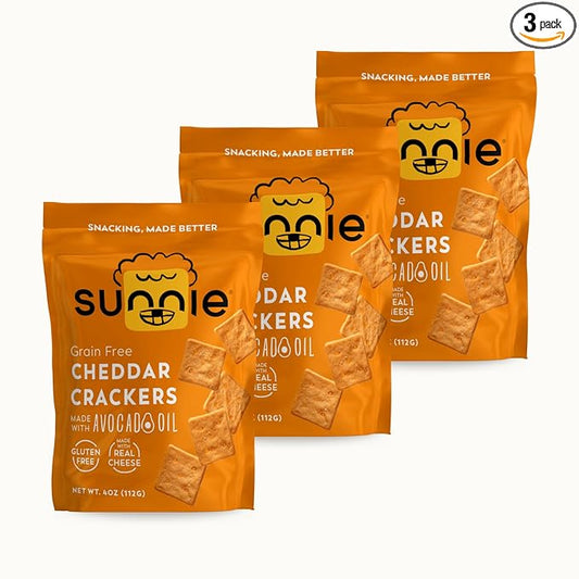 Sunnie Gluten Free Cheddar Crackers, Healthy Grain-Free Cracker Made with Real Cheese, Snacks for Kids & Adults, Made with Avocado Oil, Low Calorie Snack, 4 oz, Pack of 3
