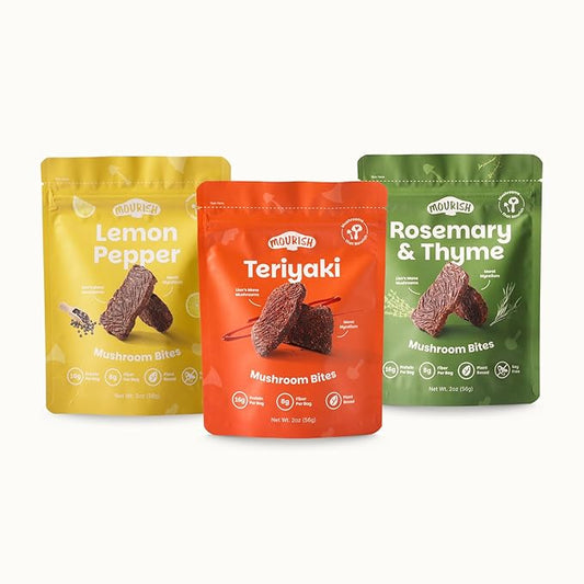 Mourish Vegan Mushroom Bites, Good Source of Protein and Fiber, Plant Based Meat, Spicy Flavor, Meatless Healthy Snacks for Hiking, Camping, Work, Travel & School (Zen Garden Zest Trio, Variety Pack)