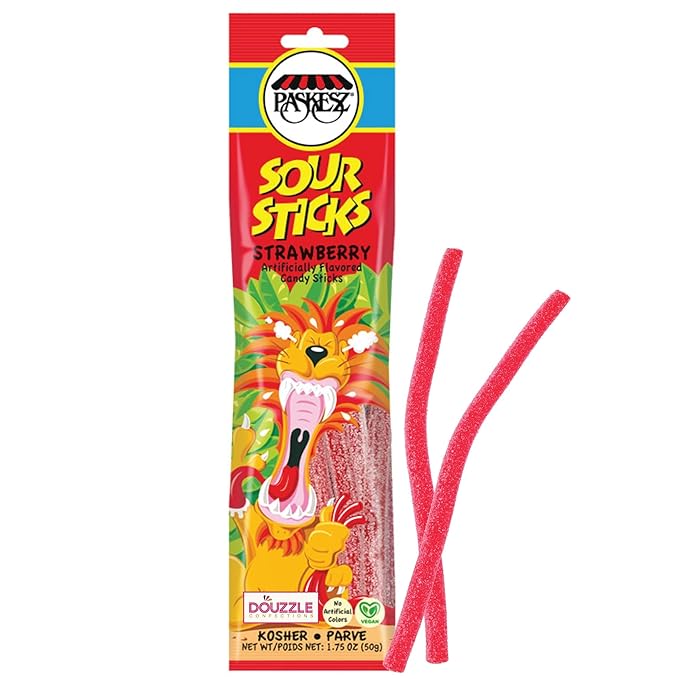 DOUzzle Valentines Day Sweet Treats, Sour Sticks Chewy Candy Straws Red Strawberry (1.8 OZ - 1 Pack) Goodie Bag Stuffer, Pinata Filler - Kosher Parve