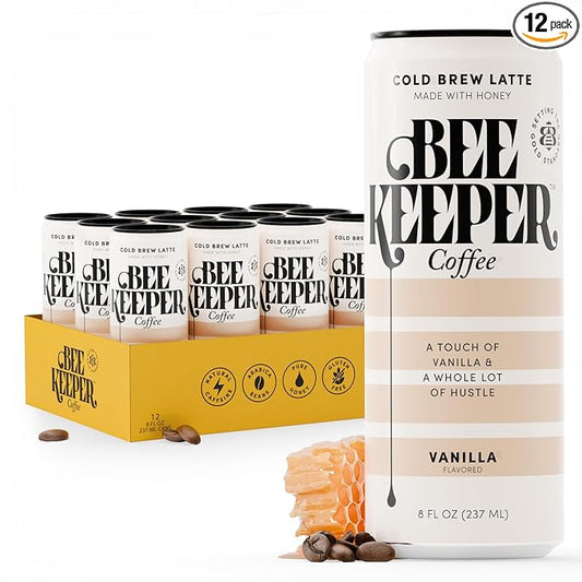 Beekeeper Vanilla Latte Cold Brew Coffee Drinks with Oregon Honey | 12 Pack Refreshing Iced Coffee - Unsweetened & Strong Arabica Brew, 8 fl oz Ready-to-Drink Can - 180mg Natural Caffeine
