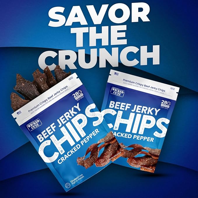 Wicked Cutz Jerky Chips Variety Pack, Up to 28g Protein Per Bag, Cracked Pepper, Teriyaki, Roasted Red Pepper, & Korean BBQ Flavored Beef Jerky Crisps, USA Made High Protein Carnivore Snacks (4 Bags)