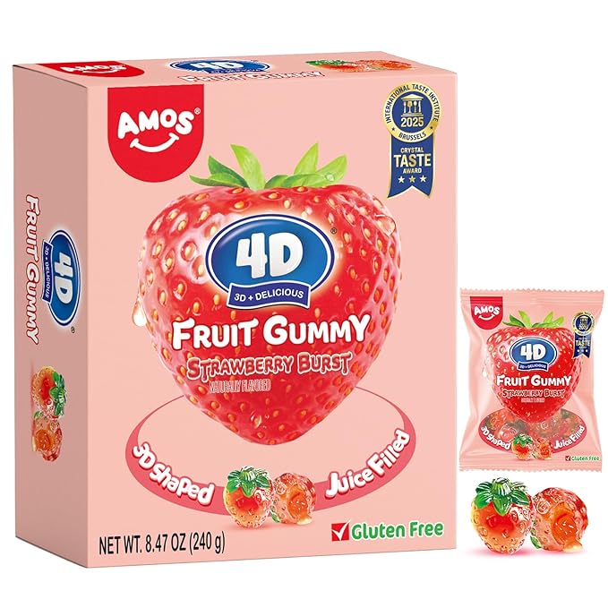 AMOS 4D Gummy Candy Strawberry Burst Candy– Fruity, Jelly-Filled, Natural Flavor – 240g Box (Pack of 10)