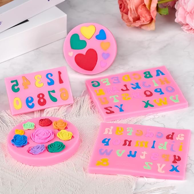 CLUEWR 5 PCS Silicone Letter Molds, Non-Stick Number Heart Rose Flower Fondant Molds for Chocolate, Candy, Cake Decoration, Cupcake Topper