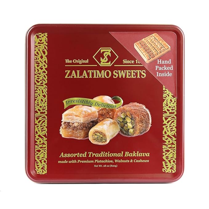 Zalatimo Sweets Since 1860 Middle Eastern Assorted Baklava 1.8lb - Handmade Mediterranean Sweets square Metal Gift Tin - No Syrup,or Additives - Ramadan, Christmas, Birthdays, Weddings, Holidays