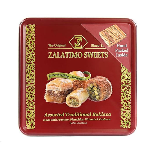 Zalatimo Sweets Since 1860 Middle Eastern Assorted Baklava 1.8lb - Handmade Mediterranean Sweets square Metal Gift Tin - No Syrup,or Additives - Ramadan, Christmas, Birthdays, Weddings, Holidays