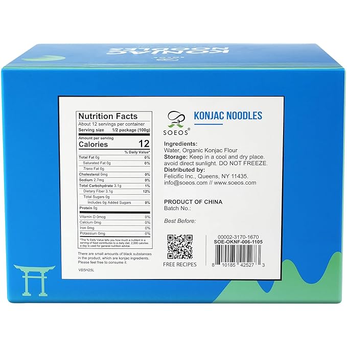 Soeos Konjac Noodles, Fettuccine, 9.5oz (270g) 6 Packs, Kosher, Sugar Free, Gluten Free, Low Calorie, Low Carb Pasta, Shirataki Noodle