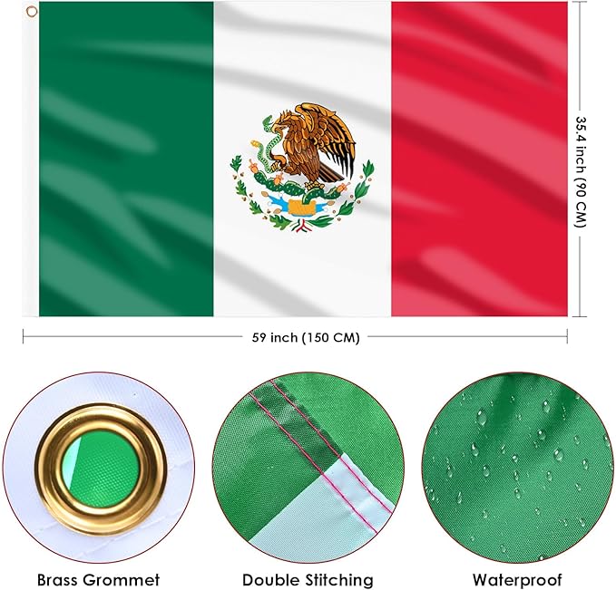 AhfuLife Mexico Flag 3x5 Ft 2 Pcs, Large Mexican Flags for Cinco de Mayo Party Decorations - Double Sided with Brass Eyelets for Bar Garden Street Decoration Indoor Outdoor
