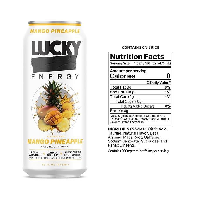 Lucky Energy Sugar Free Energy Drinks, Mango Pineapple, 16oz Cans (12-Pack) Healthy, Zero Sugar Energy Drink with Maca, Ginseng, Beta-Alanine, Taurine & 200mg Caffeine